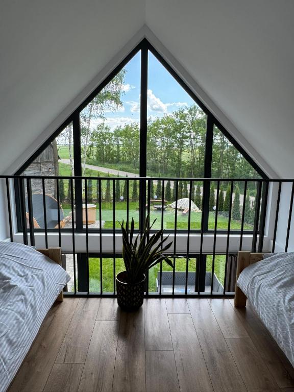 a bedroom with a large window with a potted plant at Stodoła Parysa in Wola Korytnicka