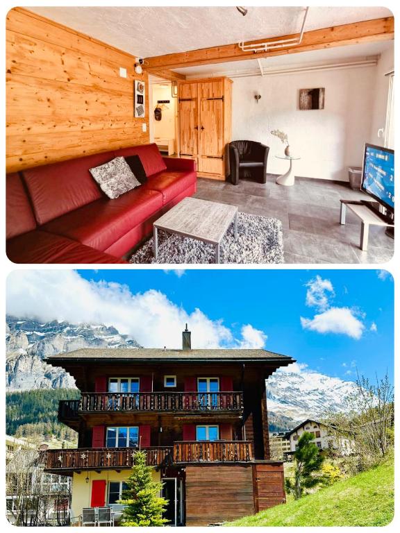 a living room with a red couch and a house at Apartments Chalet Tatyana in Leukerbad