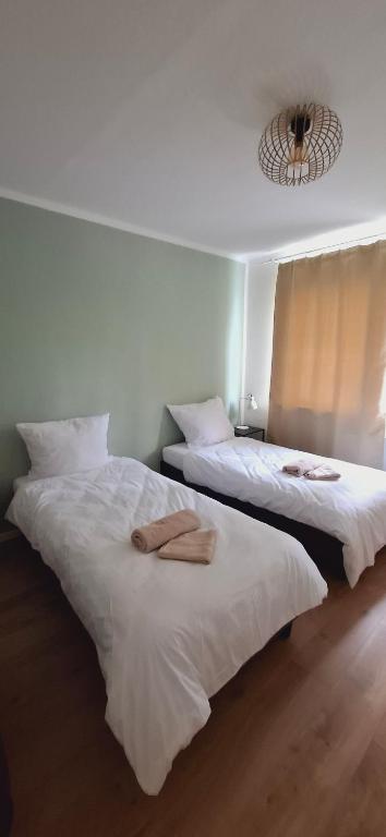 two beds sitting next to each other in a bedroom at Lua Beleza - 4 Bett Apartment Geiseltalsee in Mücheln