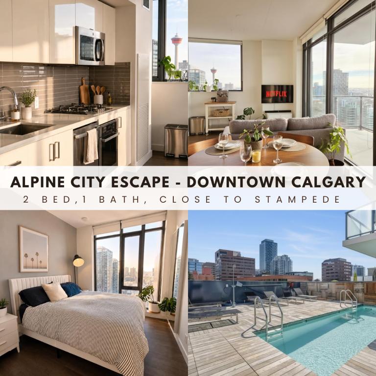 a collage of photos of a kitchen and a living room at The Alpine City Escape in Calgary