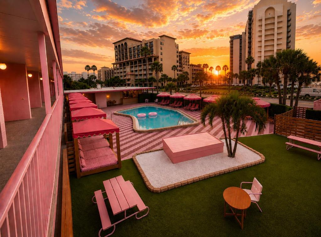 a balcony of a hotel with a pool and lounge chairs at Abode Beach House in Clearwater Beach