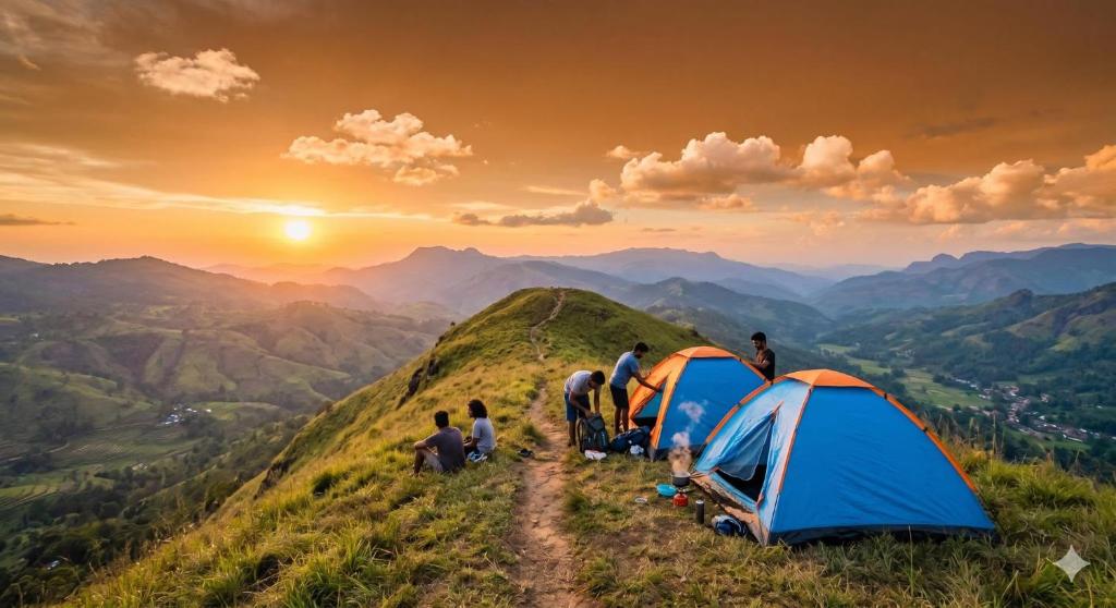 a group of people sitting on a hill next to tents at Beyond ella in Ella