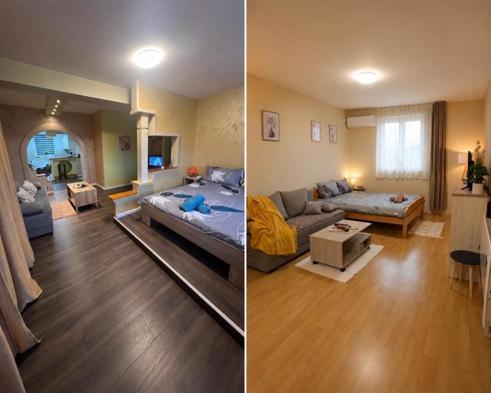 two pictures of a living room and a living room with a couch at Apartment Slađana i Luna in Subotica