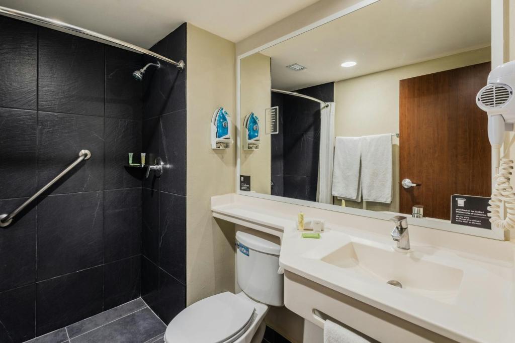 A compact bathroom with a walk-in shower, toilet and single vanity.
