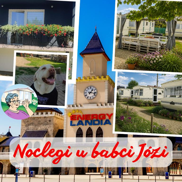 a collage of pictures of a building with a clock tower at ZATOR Noclegi u Babci Józi in Zator