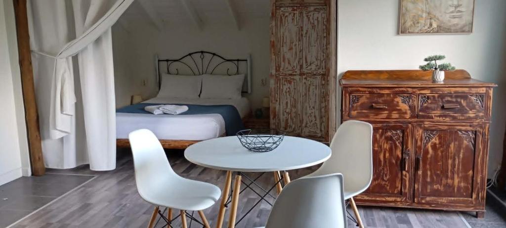 a bedroom with a bed and a table and chairs at Studio ISABEL in Sálakos