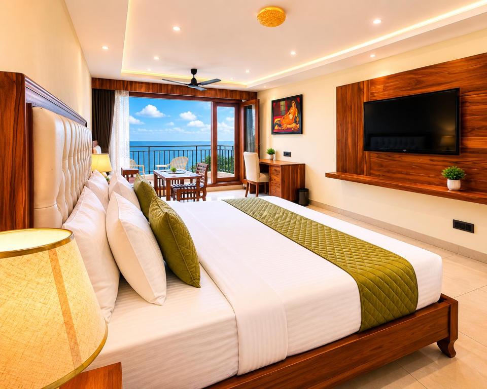 a bedroom with a large bed with a television at The Moksh DA Hotel A Premium Property Near Jaypee Hotel in Mussoorie