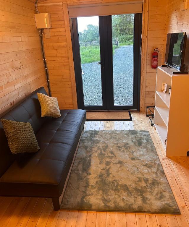 a living room with a couch and a television at Tobys Lodge in Laragh