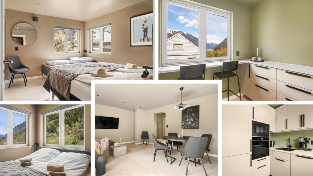 a collage of photos of a bedroom and a living room at Trolltunga Stay - Mountain & Waterfall View in Odda