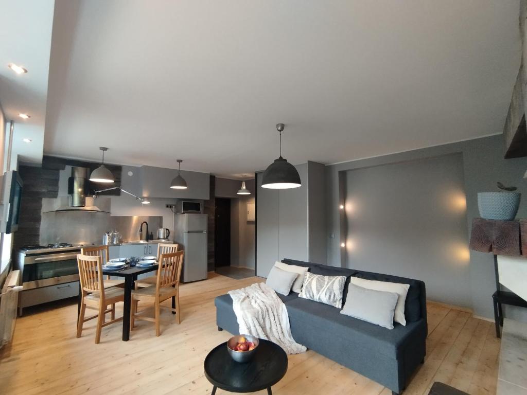 a living room with a blue couch and a kitchen at Turu 6, Quiet Central Apartment in Haapsalu