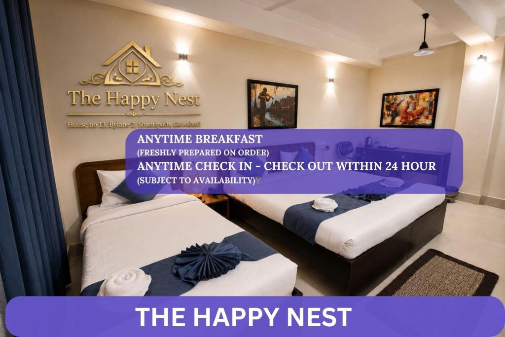 two beds in a room with a happy nest sign at The Happy Nest- A Boutique Stay only 7 mins from Nemcare, Apollo, Physicswalla, Allen in Guwahati