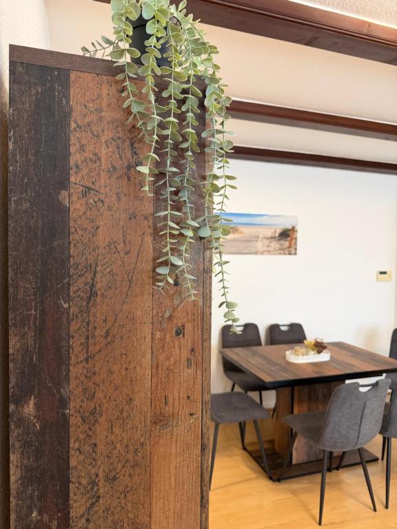 a plant on a wooden door in a room with a table at FeWo Susanne in Wiehl