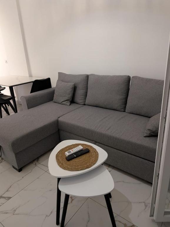 a living room with a couch and a table with a remote at Erna Apartment in Golem