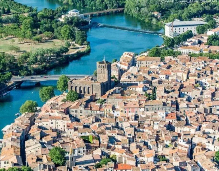 an aerial view of a town on the river at Studio UN Hagoort in Agde