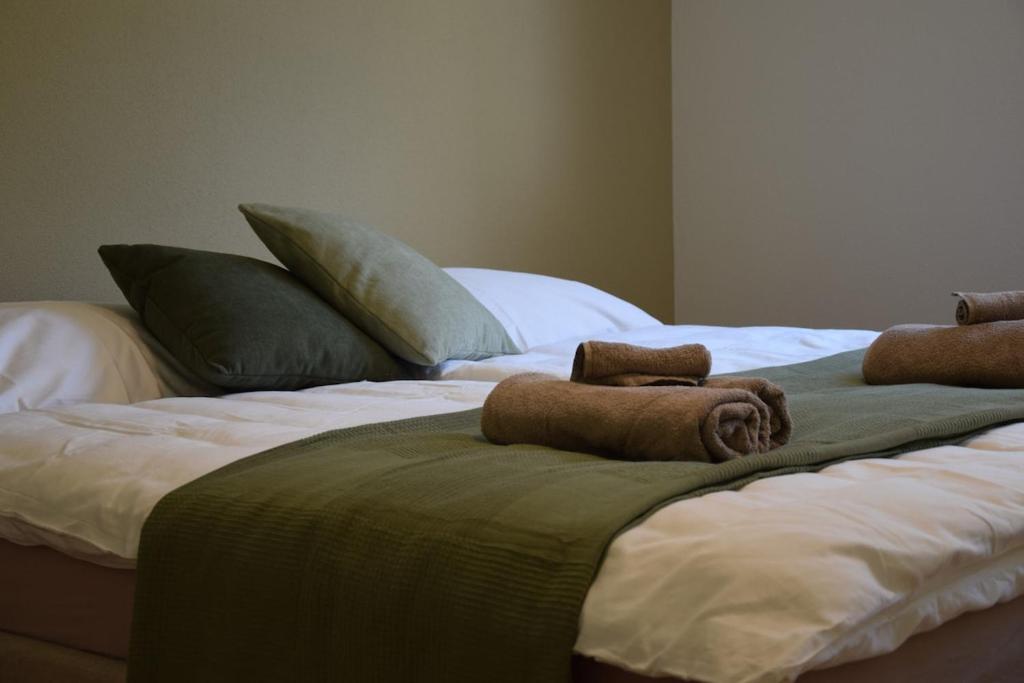 two towels are sitting on top of a bed at TheCozyHideaway in Lungern
