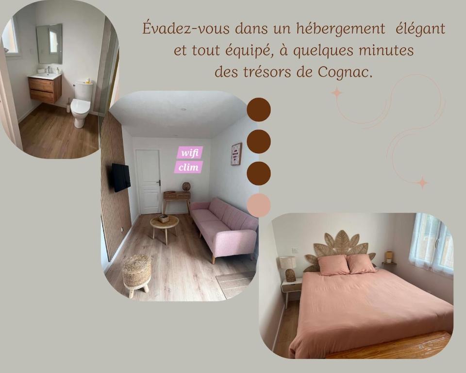 a collage of three pictures of a room at L'escale Cognaçaise in Cognac