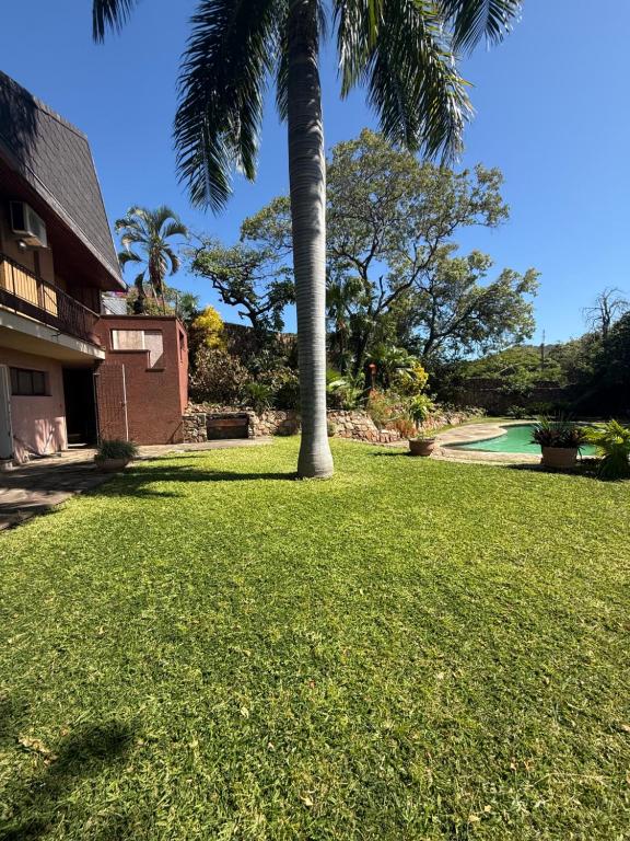 a palm tree in a yard next to a house at Sunrise and sunsets lodge previously known as leopard lodge in Kariba