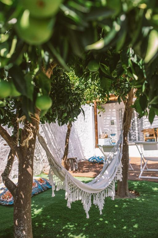 a hammock hanging between two trees in a yard at Papoila in Grândola