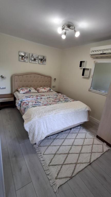 a bedroom with a bed with a rug in it at Villa Detelina Balchik in Balchik