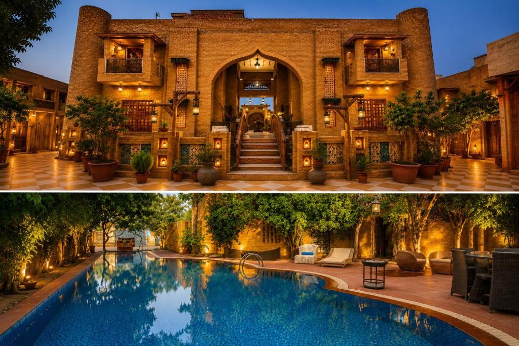 a large house with a swimming pool in front of it at WelcomHeritage Ranjitvilas in Amritsar