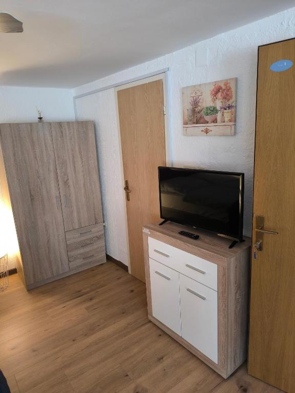 a living room with a flat screen tv and two wooden doors at Adria Pearl Appartments in Vrsar