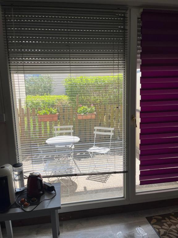 a view of a patio through a sliding glass door at Logement type studio 1 piece proche zénith in Strasbourg