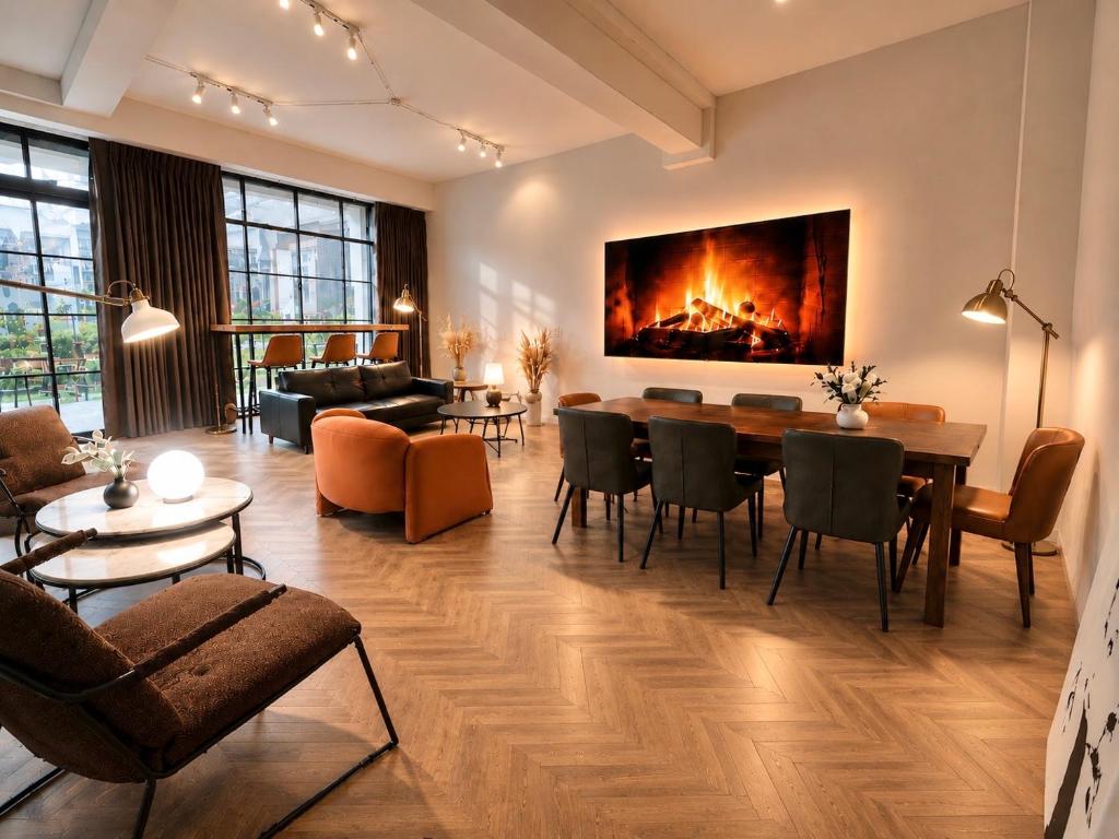 a living room with a table and a fireplace at 礁溪希沐湯泉民宿 2026年7月全新面貌登場 價格優惠中 in Jiaoxi