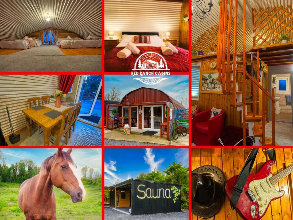 a collage of photos with a horse and a house at Sallys Cabin in Kilcolgan