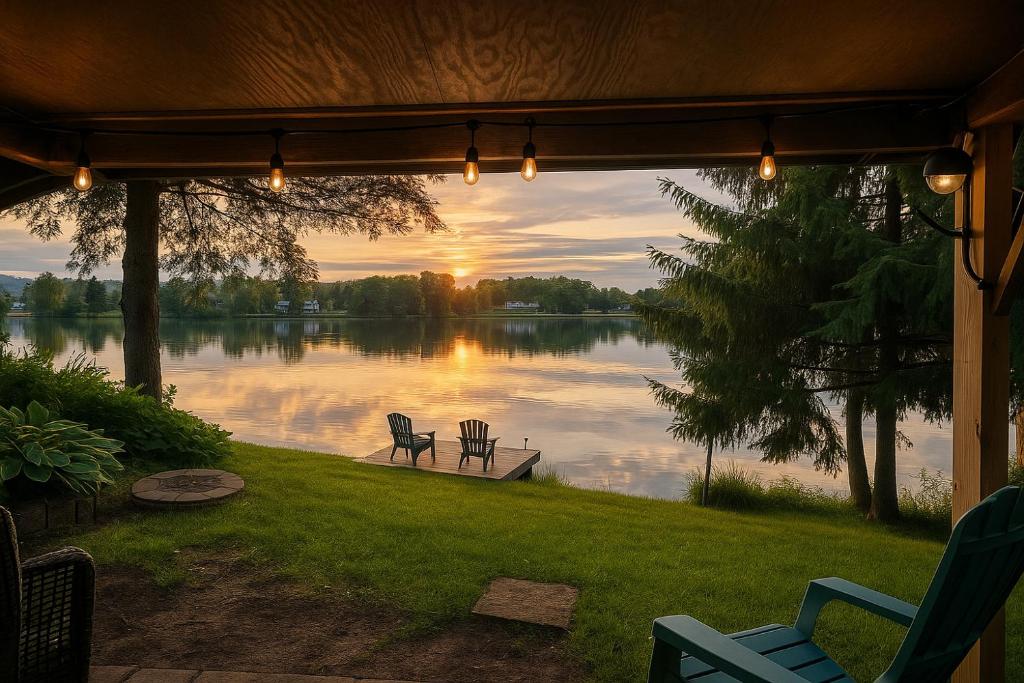 a view of a lake at sunset with two chairs at Chalet Cozy Spa sur Lac in Saint-André-Avellin