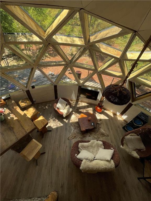 an overhead view of a living room with a glass ceiling at Domos Blackdomes in Las Trancas