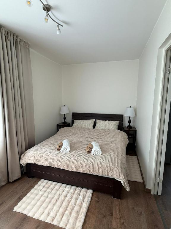 two dogs laying on a bed in a bedroom at Stay in Old Town in Võru