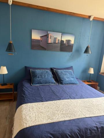 a blue bedroom with a bed with blue walls at Les bon bois in Germignac