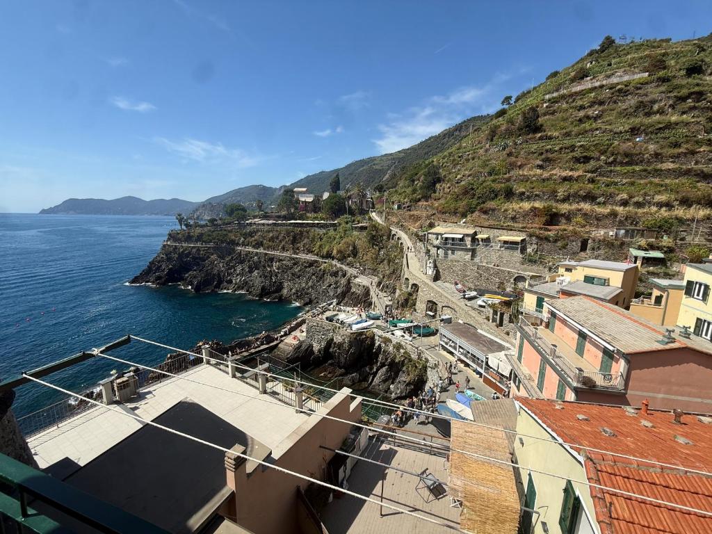 a view of a town with the ocean and a mountain at Mare Mosso 2 in Manarola