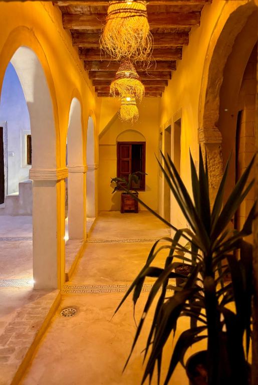 a hallway with a chandelier and a plant in a building at Dar Hallouma - WostelDjerba community in Djerba