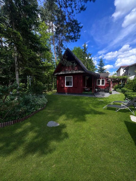 a small red house with a grass yard at Domek Pod Sosnami D in Krasnobród
