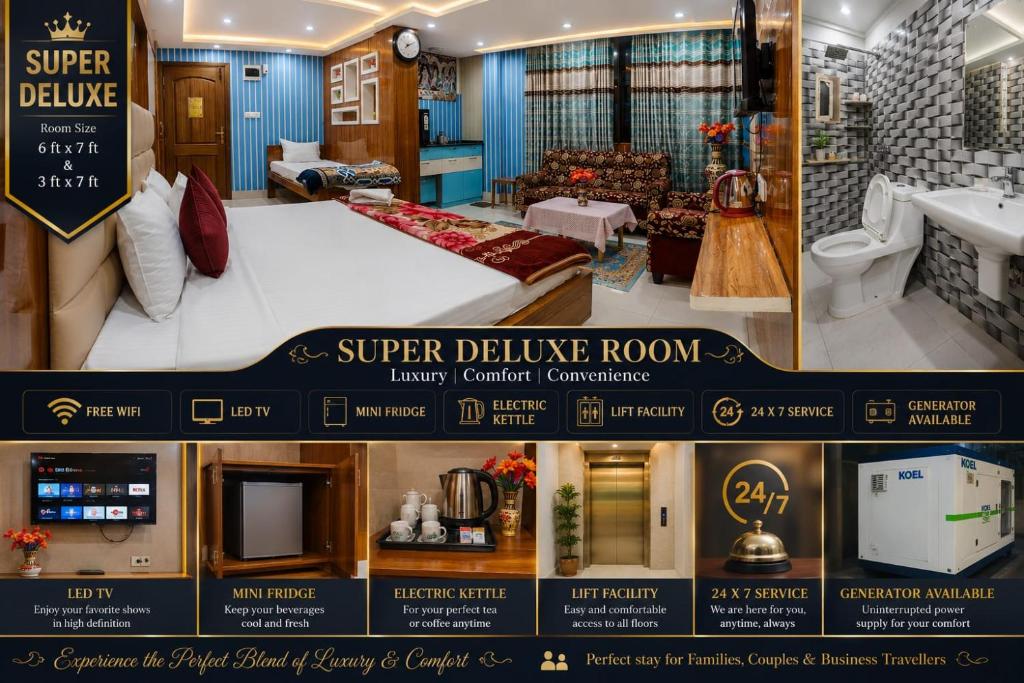 a collage of photos of a hotel room at Jagannath Palace in mayapur