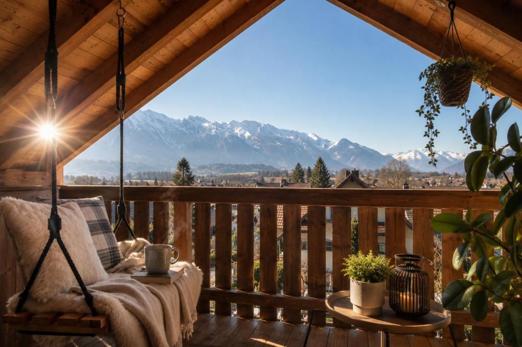 a porch with a chair and a view of the mountains at Modernes Apartment mit Alpenblick, Balkon & Parkplatz nahe Thun und Interlaken in Thun