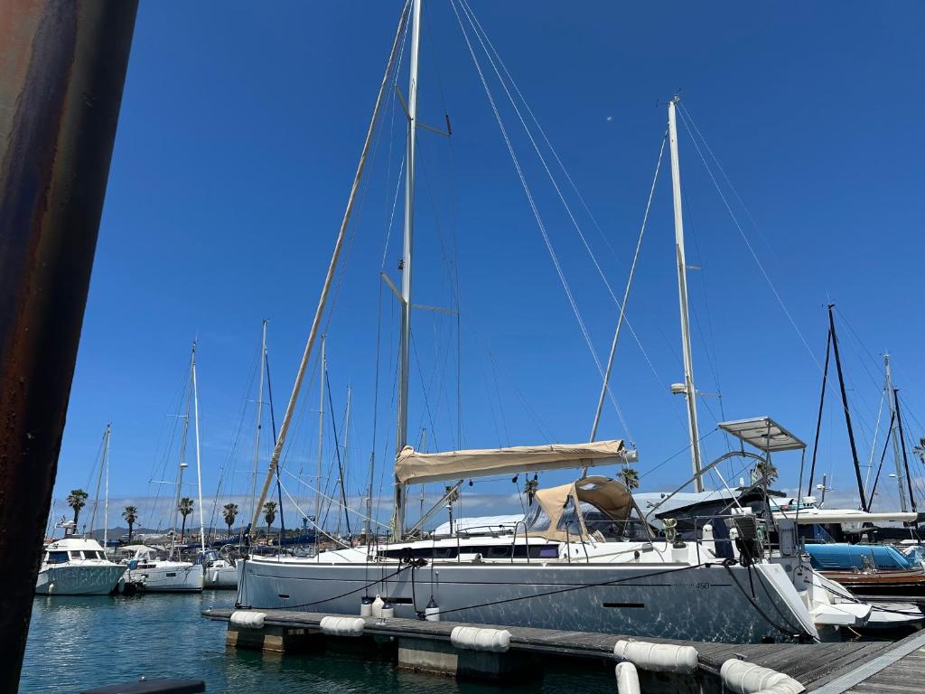 a boat docked at a marina with other boats at BeliBoat in Cascais