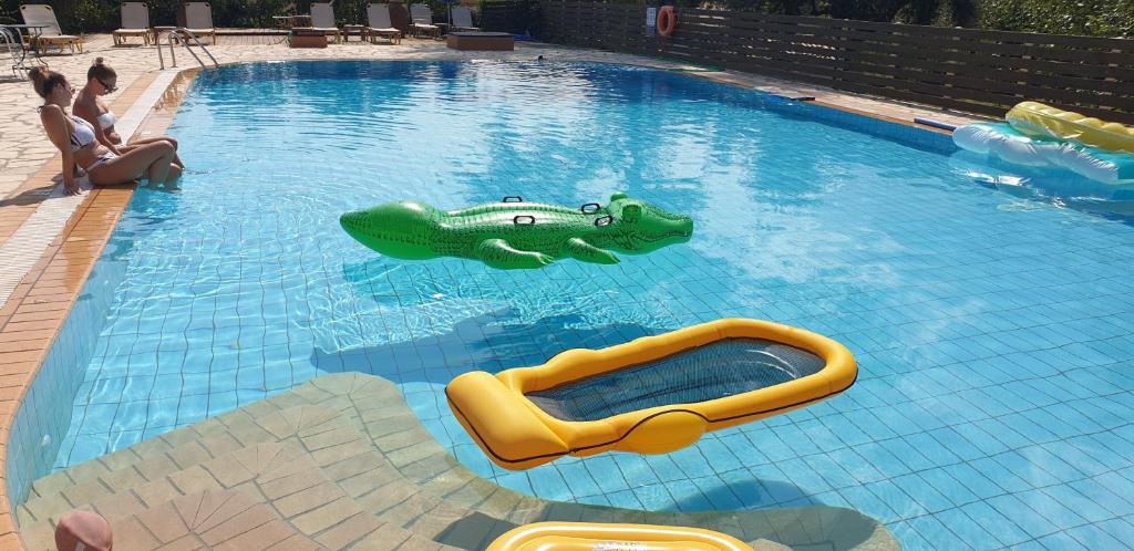 a swimming pool with a inflatable crocodile and a raft at Value Double Lower – Room 12 in Gouvia