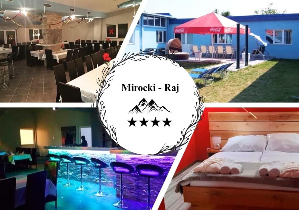 a room with a bed and a pool with a table and chairs at Mirocki-Raj in Miroč
