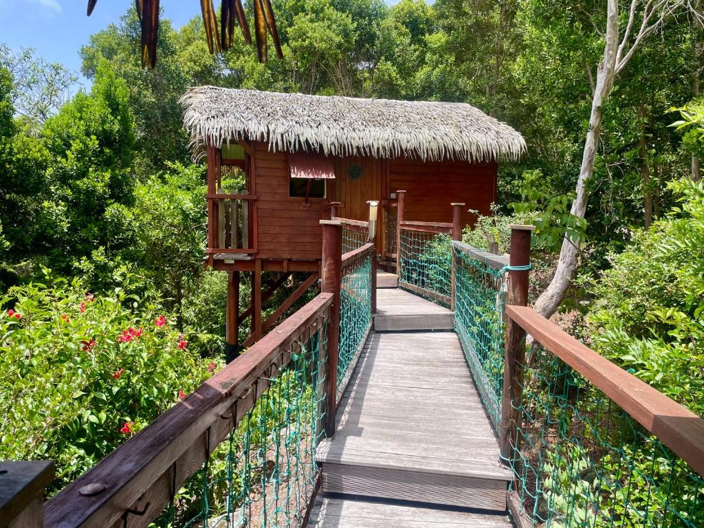 a wooden bridge leading to a small tree house at Kaz Robinson Cabane Perchee Vue Mer Vivez l aventure Robinson avec le confort d une vue imprenable sur les Caraibes in Terre-de-Bas