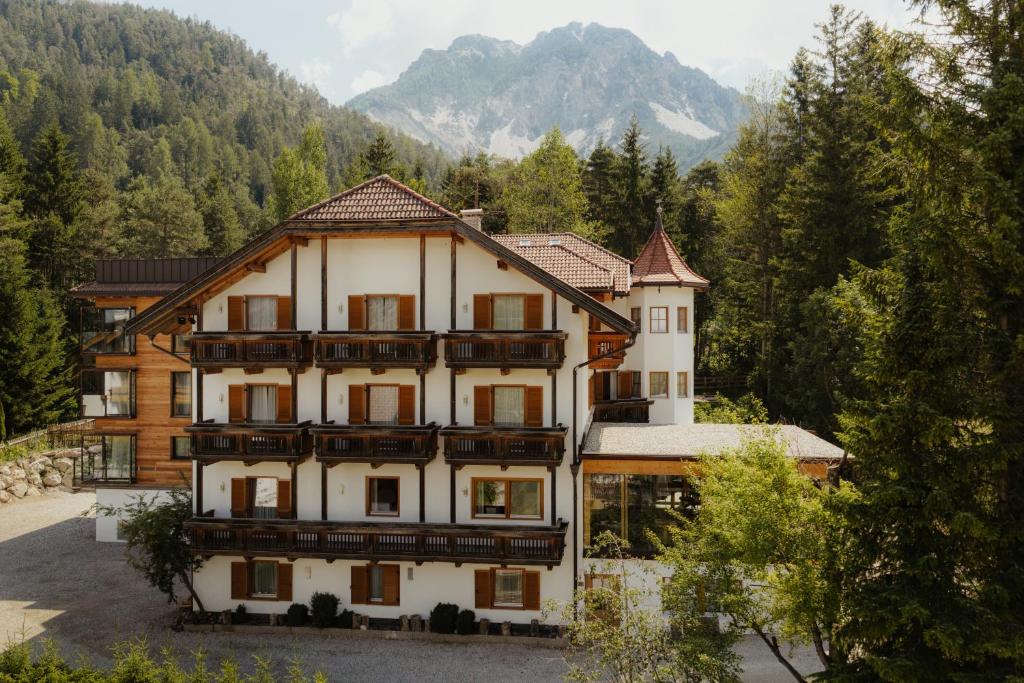a large building in the middle of a forest at Hotel Chalet Corso in San Vigilio Di Marebbe