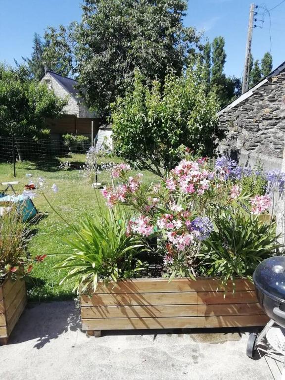 a garden with flowers in a wooden box at maison pour vieilles charrues in Maël-Carhaix