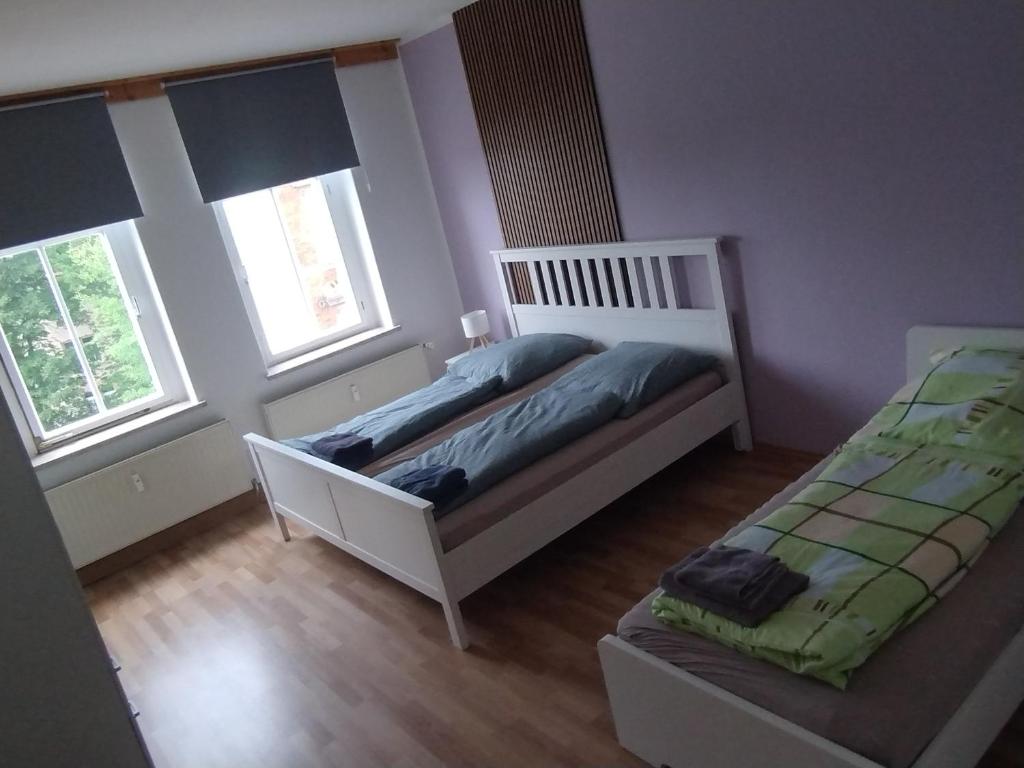 a bedroom with two beds and two windows at Apartment Zur Bauhütte, WLAN in Hohenstein-Ernstthal