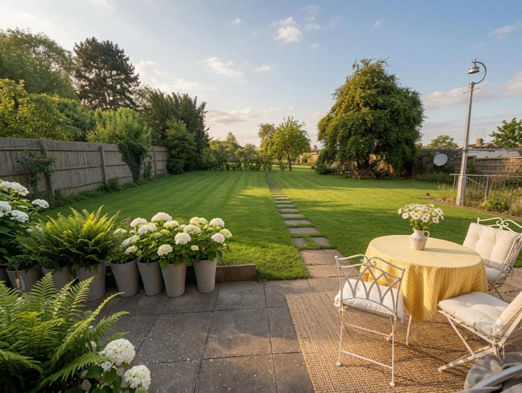 a patio with a table and chairs and a lawn at Living light in Dallington