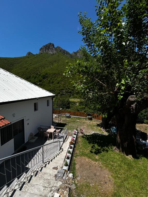 a patio with a table and a tree next to a building at Aldo House in Prekal
