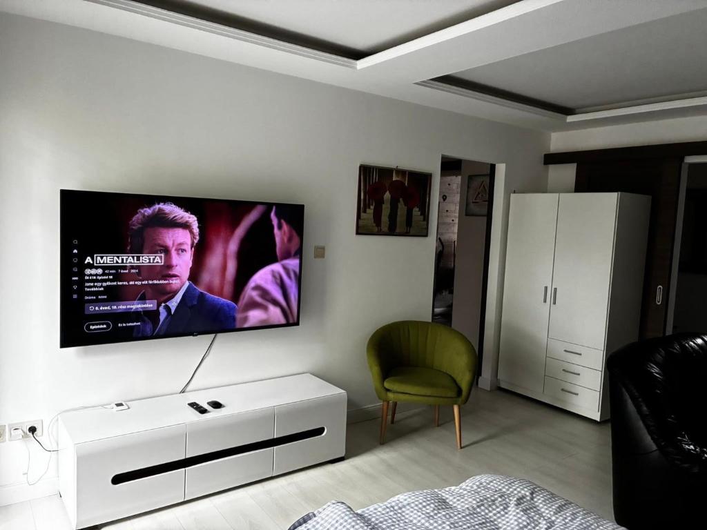 a living room with a flat screen tv on the wall at Bezsó apartman in Hajdúszoboszló