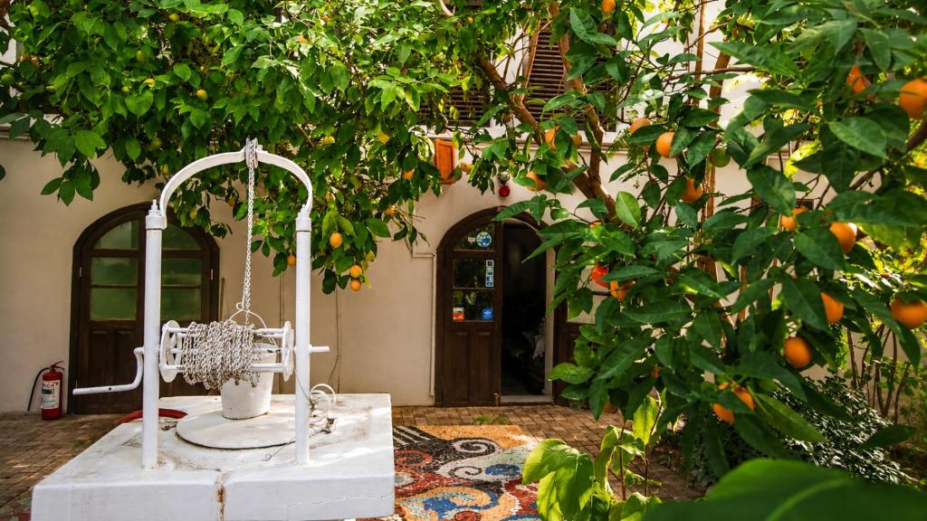 ein Orangenbaum mit einer Schaukel vor einem Haus in der Unterkunft Hadrianus Pansion in Antalya