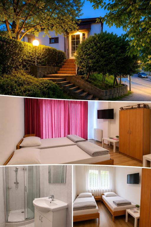 a bedroom with pink curtains and a bed and a house at Prenociste Cazin in Cazin