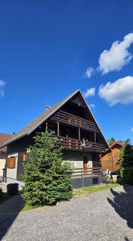 a large wooden house with a tree in front of it at Vila Olimp in Jasenak